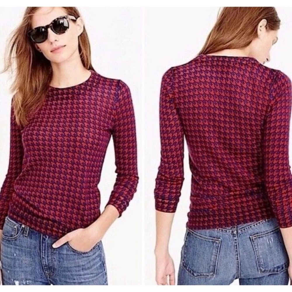 J.Crew Merino Wool Houndstooth Sweater‎ Red Blue XS Long Sleeve Crew Neck Top